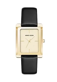 Rectangular Gold Tone Faux Leather Strap Watch