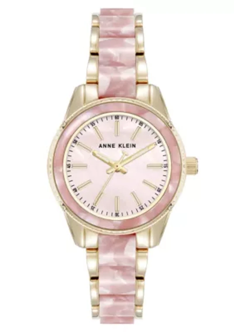 Anne Klein Women's Quartz Light Pink Pearlescent Acetate and Gold-Tone Metal Alloy Link Bracelet Watch, 30mm