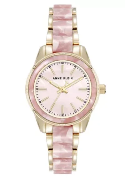 Anne Klein Women's Quartz Light Pink Pearlescent Acetate and Gold-Tone Metal Alloy Link Bracelet Watch, 30mm