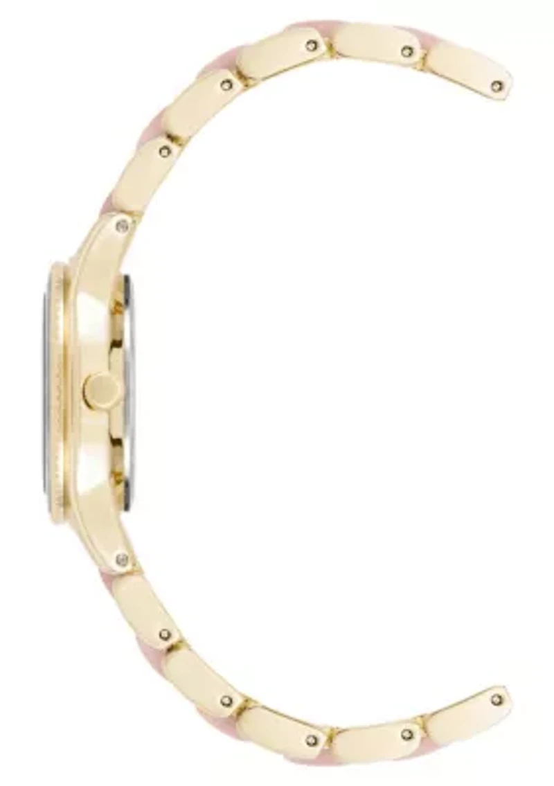 Anne Klein Women's Quartz Light Pink Pearlescent Acetate and Gold-Tone Metal Alloy Link Bracelet Watch, 30mm