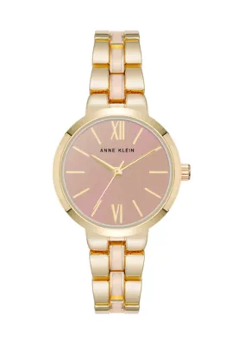 Pink Enamel and Gold Tone Alloy Metal Bracelet Watch