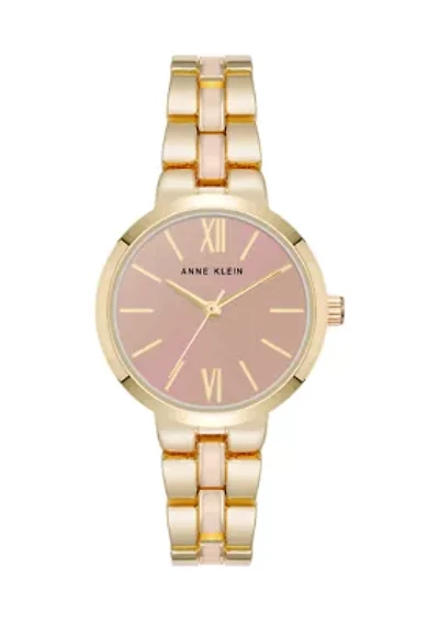 Pink Enamel and Gold Tone Alloy Metal Bracelet Watch