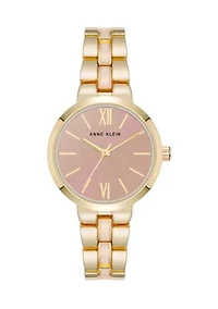 Pink Enamel and Gold Tone Alloy Metal Bracelet Watch