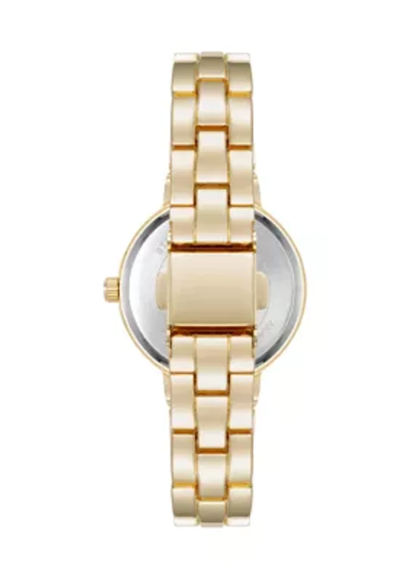 Pink Enamel and Gold Tone Alloy Metal Bracelet Watch