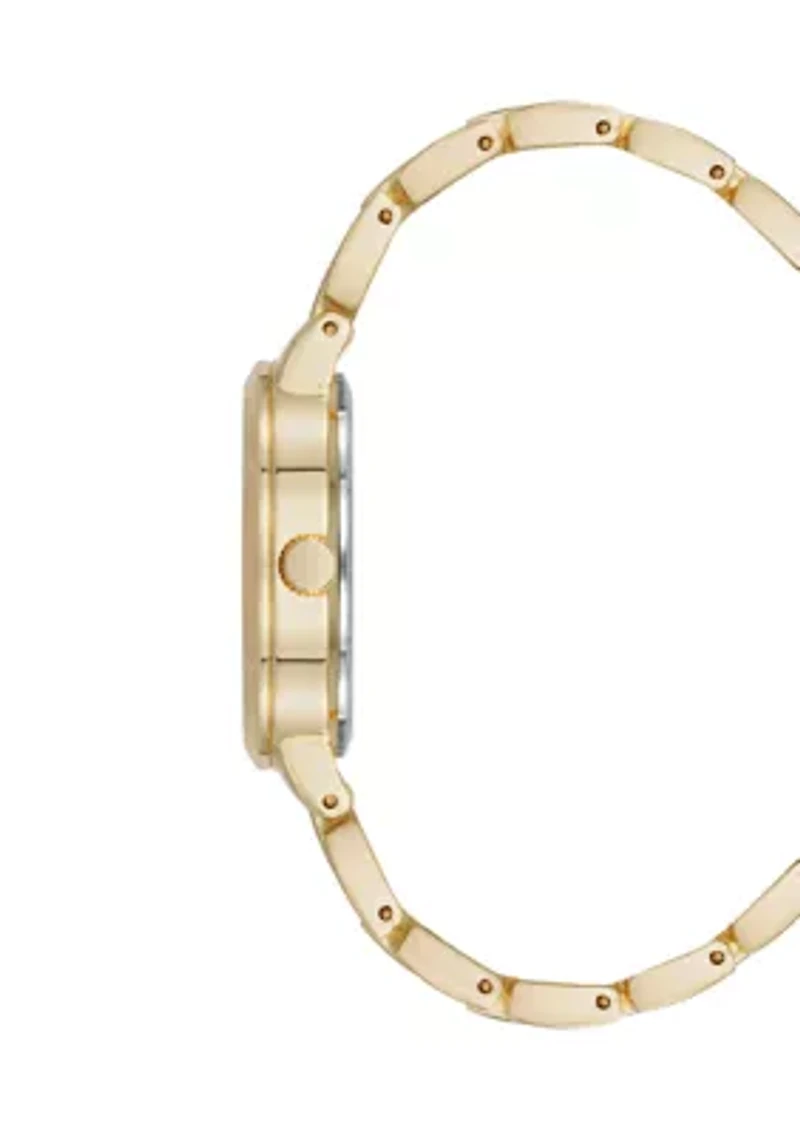 Pink Enamel and Gold Tone Alloy Metal Bracelet Watch