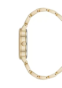 Pink Enamel and Gold Tone Alloy Metal Bracelet Watch