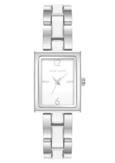 Anne Klein Women's Quartz Rectangular White Enamel and Silver-Tone Metal Alloy Watch, 22mm