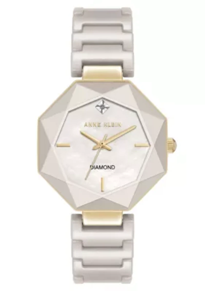 Anne Klein Women's Octagonal Tan Ceramic Diamond Dial Bracelet Watch, 32mm