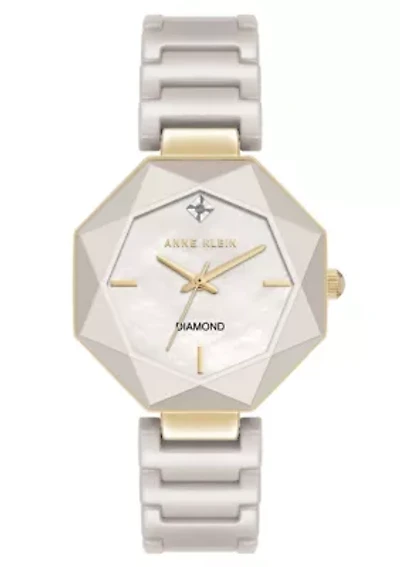 Anne Klein Women's Octagonal Tan Ceramic Diamond Dial Bracelet Watch, 32mm