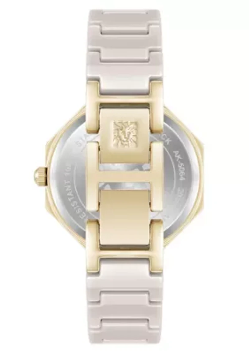Anne Klein Women's Octagonal Tan Ceramic Diamond Dial Bracelet Watch, 32mm