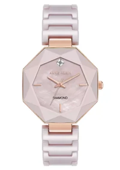 Anne Klein Women's Octagonal Mauve Ceramic Diamond Dial Bracelet Watch, 32mm