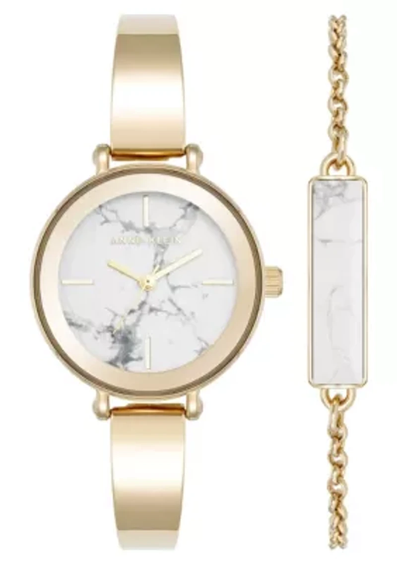Anne Klein Women's Round Gold-Tone Metal Alloy and Howlite Gemstone Bangle Watch Set, 30mm