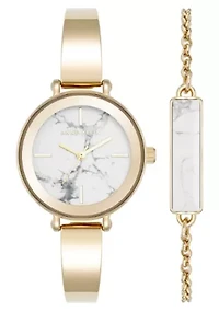 Anne Klein Women's Round Gold-Tone Metal Alloy and Howlite Gemstone Bangle Watch Set, 30mm