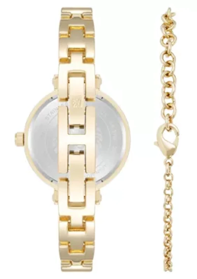 Anne Klein Women's Round Gold-Tone Metal Alloy and Howlite Gemstone Bangle Watch Set, 30mm