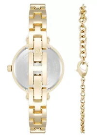Anne Klein Women's Round Gold-Tone Metal Alloy and Howlite Gemstone Bangle Watch Set, 30mm