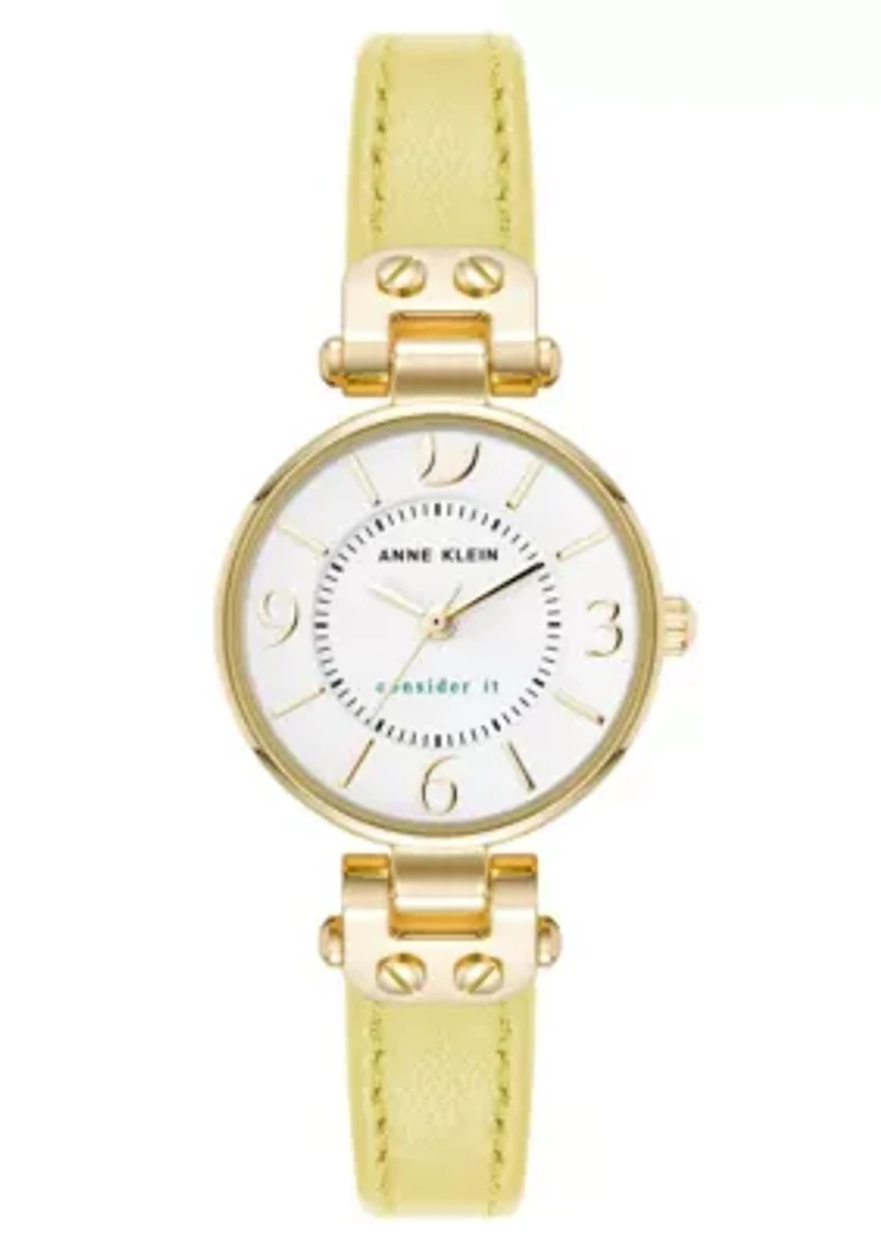 Anne Klein Women's Quartz Yellow Consider It Sustainable Leather and Gold-Tone Metal Alloy Strap Watch, 26mm