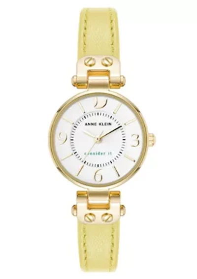 Anne Klein Women's Quartz Yellow Consider It Sustainable Leather and Gold-Tone Metal Alloy Strap Watch, 26mm
