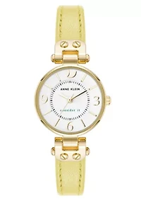 Anne Klein Women's Quartz Yellow Consider It Sustainable Leather and Gold-Tone Metal Alloy Strap Watch, 26mm