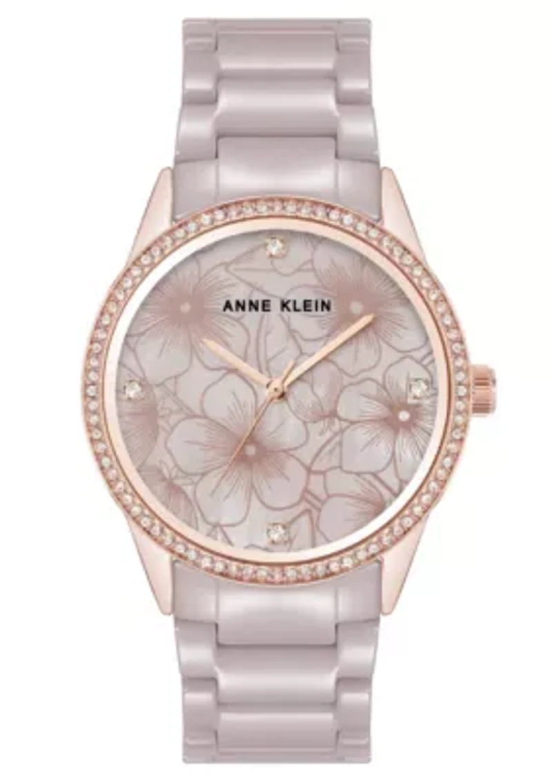 Anne Klein Women's Quartz Taupe Ceramic Bracelet Floral Dial Watch, 34mm