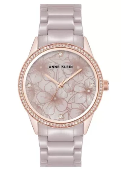 Anne Klein Women's Quartz Taupe Ceramic Bracelet Floral Dial Watch, 34mm