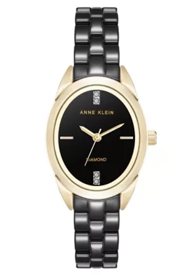 Anne Klein Women's Quartz Black Ceramic Oval Diamond Dial Watch, 27mm