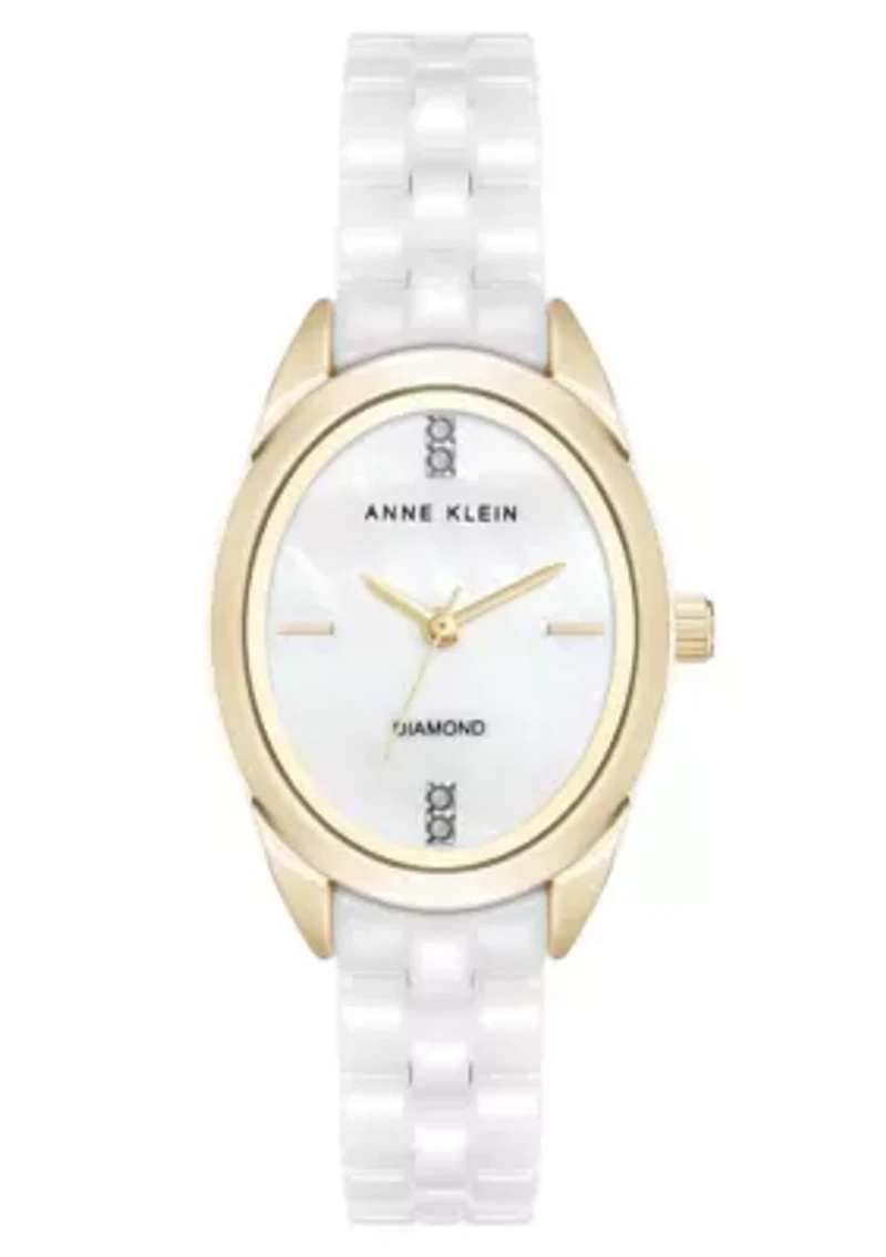 Anne Klein Women's Quartz White Ceramic Oval Diamond Dial Watch, 27mm