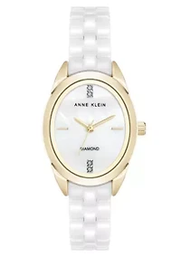 Anne Klein Women's Quartz White Ceramic Oval Diamond Dial Watch, 27mm
