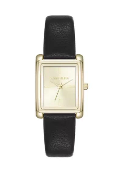 Rectangular Gold Tone Black Faux Leather Watch