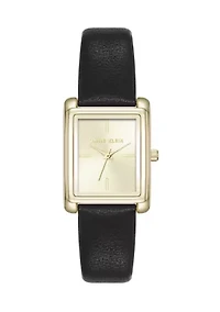 Rectangular Gold Tone Black Faux Leather Watch