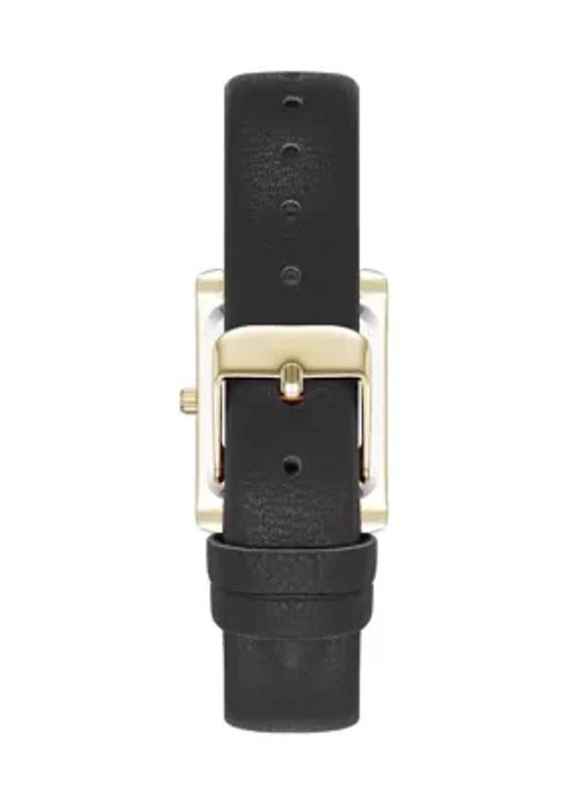 Rectangular Gold Tone Black Faux Leather Watch