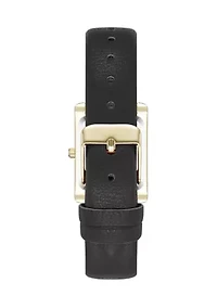 Rectangular Gold Tone Black Faux Leather Watch