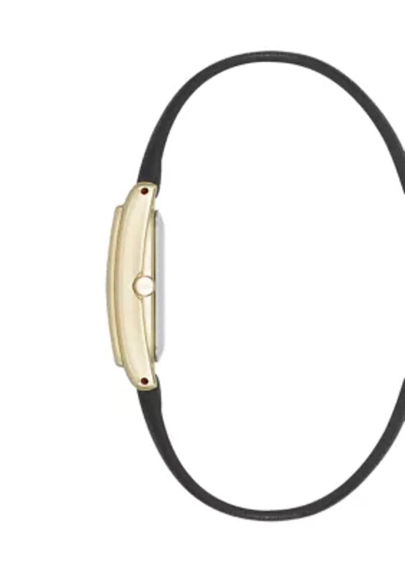 Rectangular Gold Tone Black Faux Leather Watch