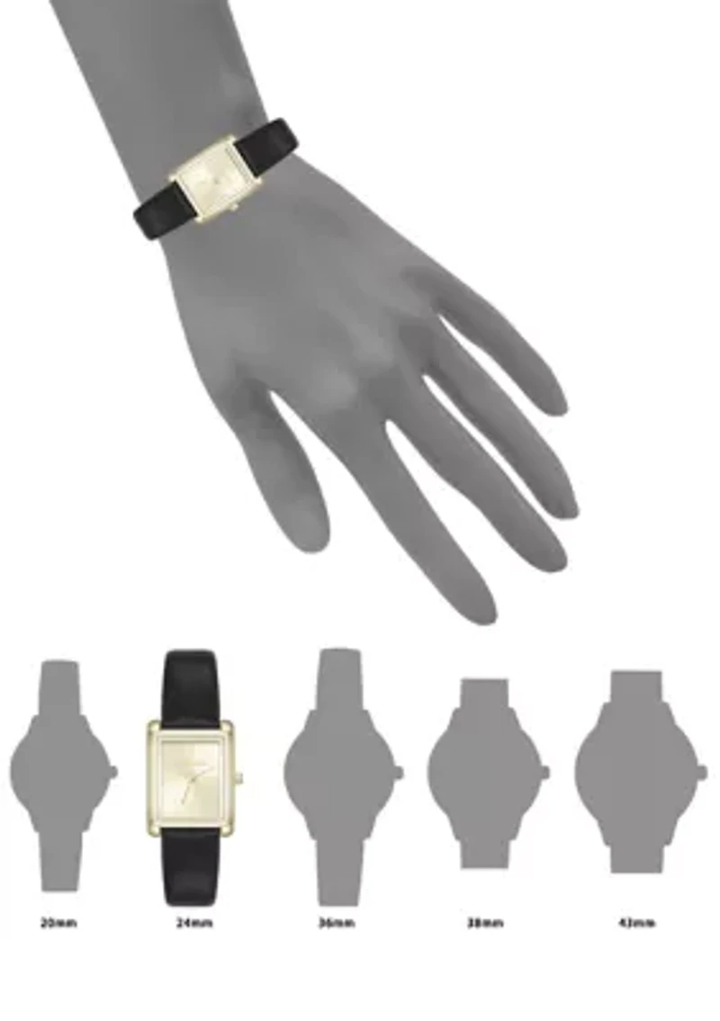 Rectangular Gold Tone Black Faux Leather Watch