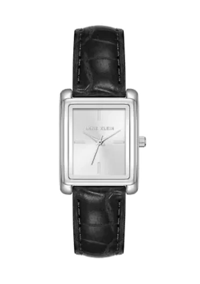 Women's Quartz Rectangular Silver-tone Black Faux Leather Watch