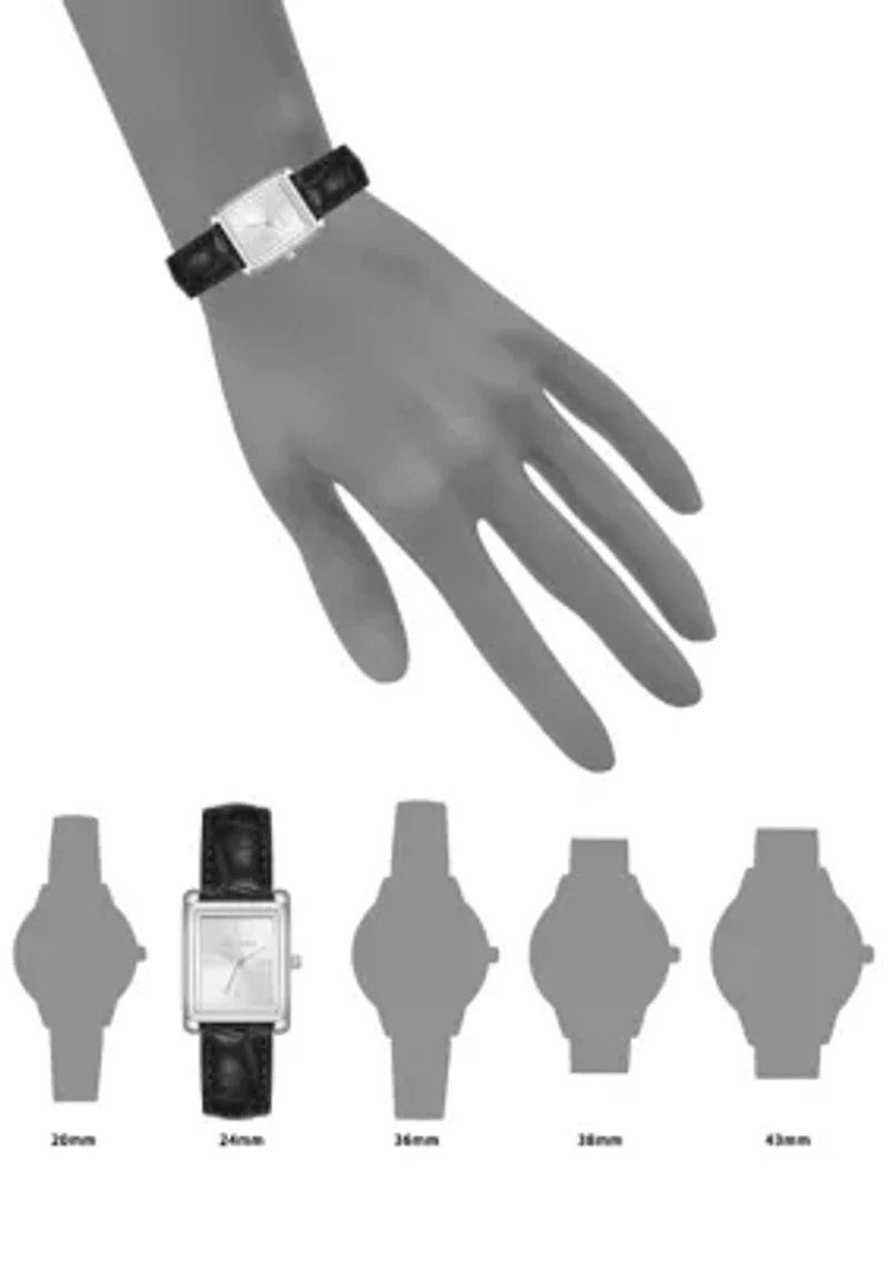 Women's Quartz Rectangular Silver-tone Black Faux Leather Watch