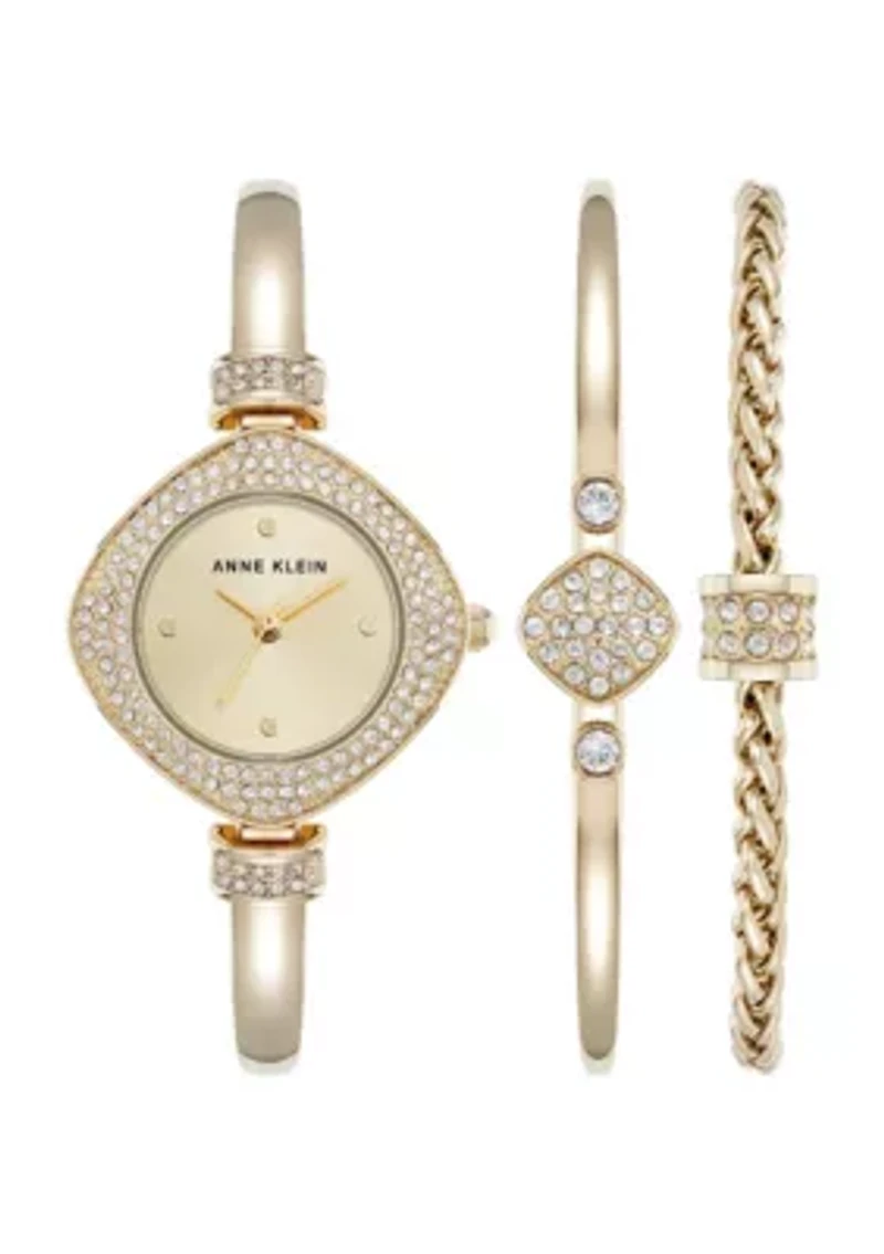 Anne Klein Women's Premium Gold-Tone Metal Alloy Crystal Accented Bangle Watch Set, 29mm