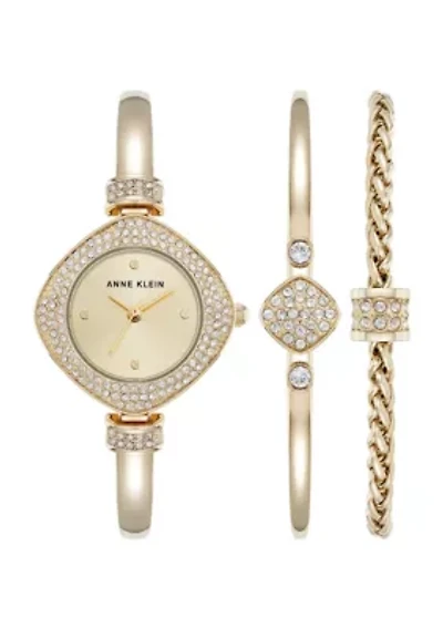 Anne Klein Women's Premium Gold-Tone Metal Alloy Crystal Accented Bangle Watch Set, 29mm
