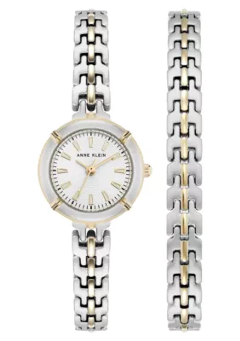 Anne Klein Women's Modern Easy To Read Dial Two-Tone Metal Alloy Bracelet Watch Set, 22mm