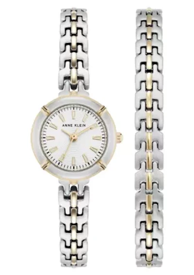 Anne Klein Women's Modern Easy To Read Dial Two-Tone Metal Alloy Bracelet Watch Set, 22mm