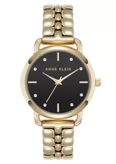 Anne Klein Women's Quartz Signature Black and Gold-Tone Metal Alloy Round Crystal Dial Watch, 30mm