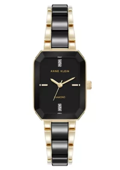 Anne Klein Women's Octagonal Gold-Tone Metal Alloy and Black Ceramic Bracelet Watch, 24mm