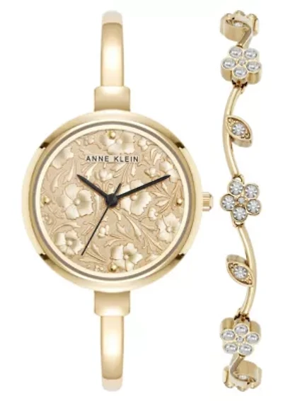 Anne Klein Women's Floral Dial Gold-Tone Metal Alloy Bangle Watch Set, 32mm