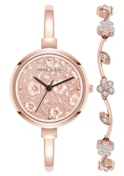 Anne Klein Women's Floral Dial Rose Gold-Tone Metal Alloy Bangle Watch Set, 32mm