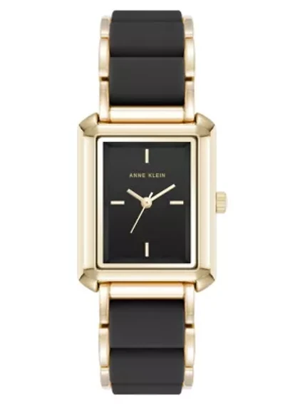 Anne Klein Women's Rectangular Black Silicone and Gold-Tone Metal Alloy Bracelet Watch, 26mm