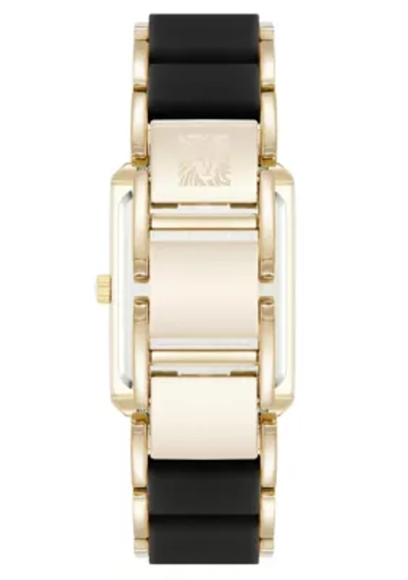 Anne Klein Women's Rectangular Black Silicone and Gold-Tone Metal Alloy Bracelet Watch, 26mm