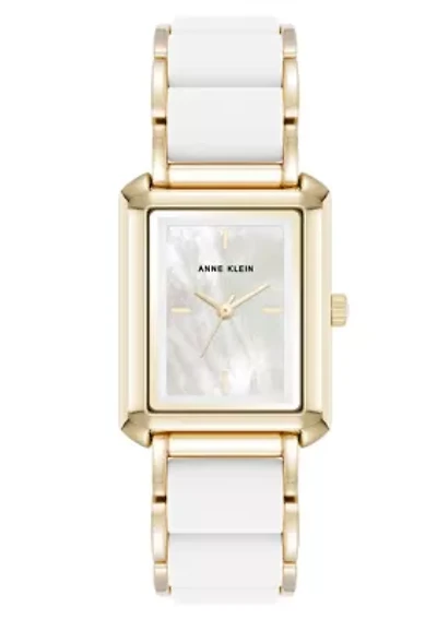 Anne Klein Women's Rectangular Silicone and Gold-Tone Metal Alloy Bracelet Watch