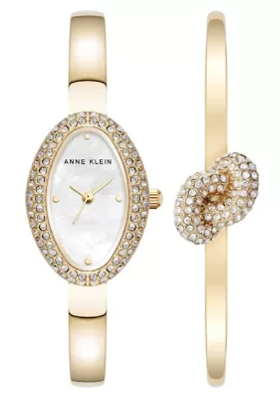 Anne Klein Women's Estate Oval Gold-Tone Metal Alloy Crystal Accented Bangle Watch Set, 26mm