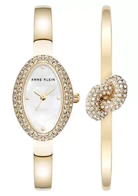 Anne Klein Women's Estate Oval Gold-Tone Metal Alloy Crystal Accented Bangle Watch Set, 26mm