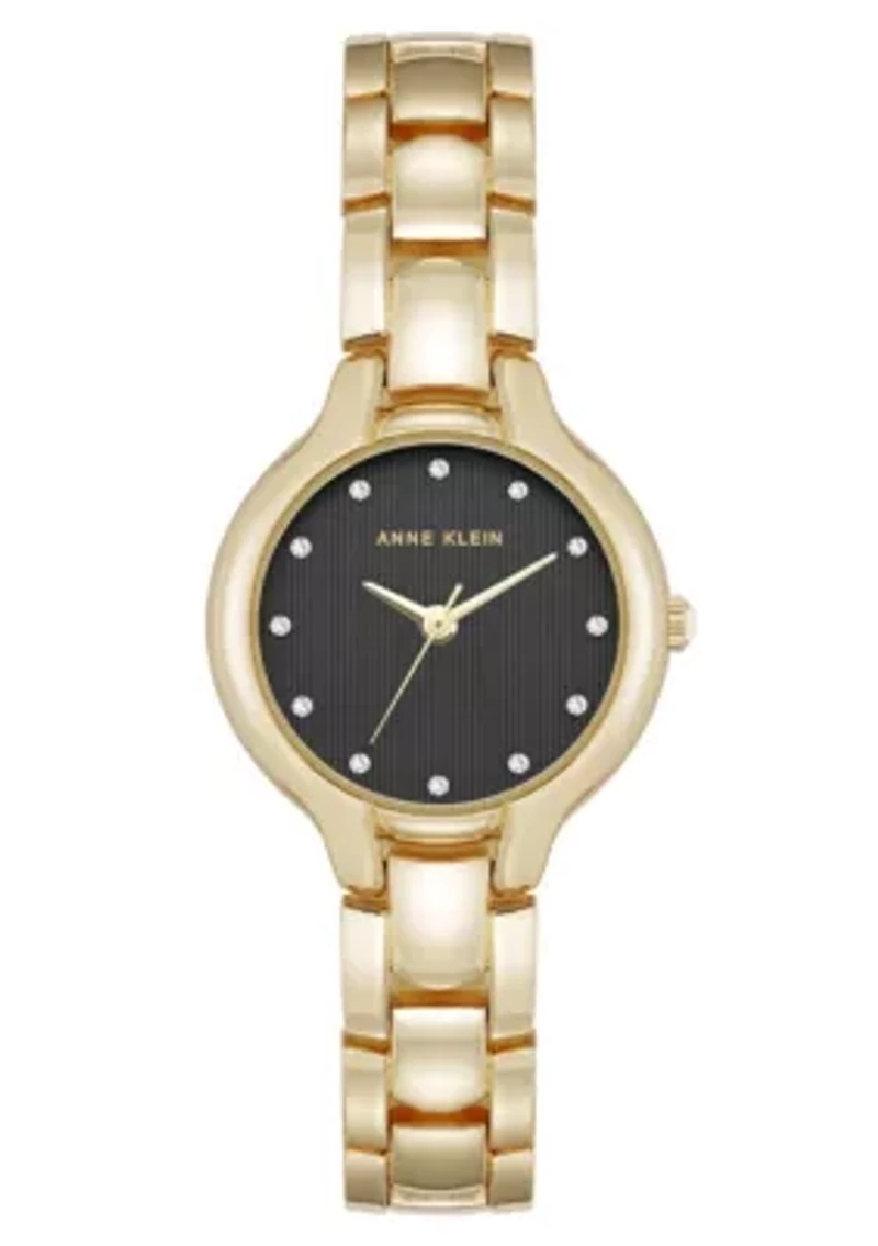 Anne Klein Women's Quartz Delicate Crystal Accented Black Dial Gold-Tone Alloy Metal Watch, 28mm