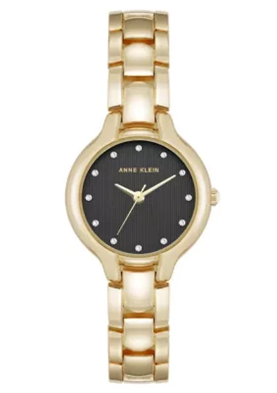 Anne Klein Women's Quartz Delicate Crystal Accented Black Dial Gold-Tone Alloy Metal Watch, 28mm